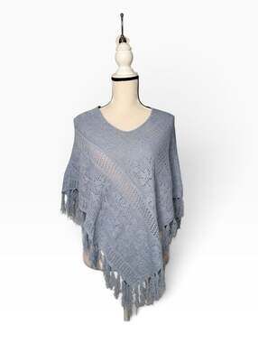 Bette Sung Crochet Knit Poncho Size OS Light Blue Geometric Fringe